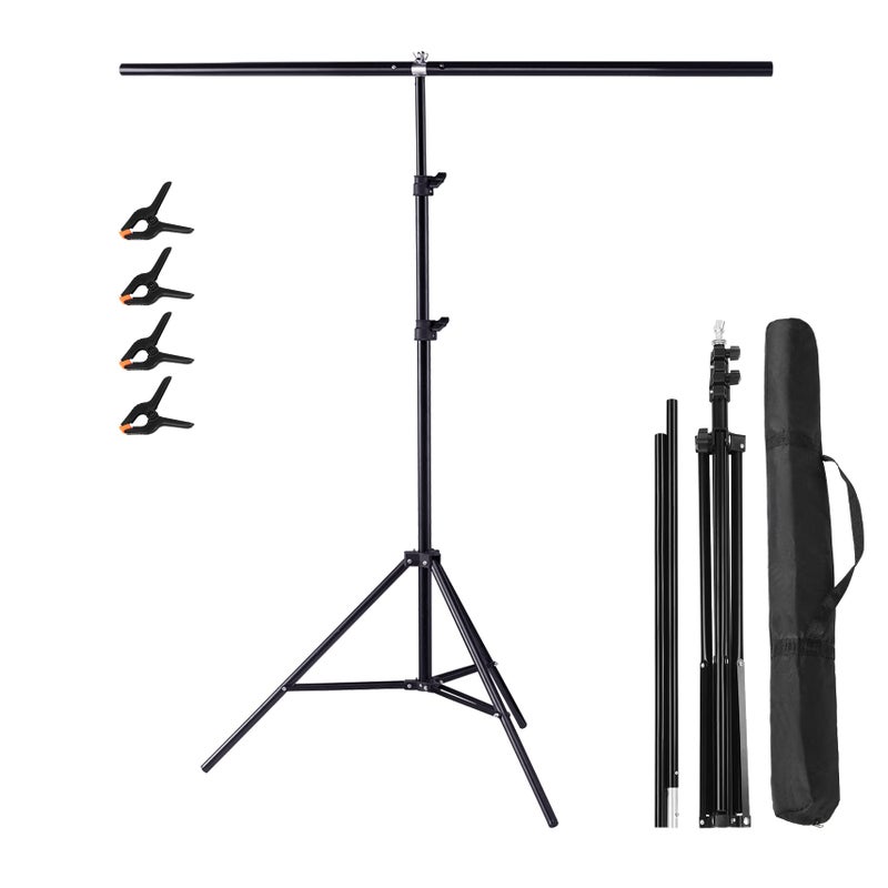 Meking 5x6.5ft Adjustable T-Shaped Backdrop Stand with Carry Bag and 4 Heavy Duty Clamps, Small Backdrop Holder Foldable T-Shape Background Support Stand - Image 1